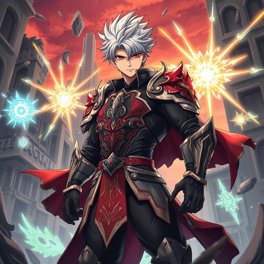A dynamic scene inspired by the art style of 'Solo Leveling', featuring a powerful male protagonist with silver hair, wearing a black and red armored outfit embellished with intricate designs