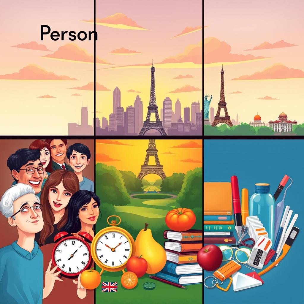 A vibrant illustration featuring three distinct sections: 1) A diverse group of people, showing different ages and ethnicities, in a joyful gathering, representing 'Person'