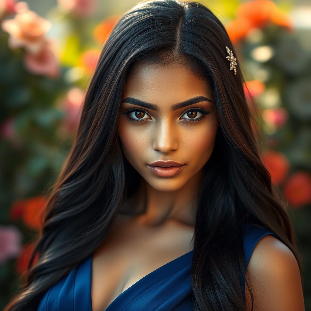 A striking portrait of a confident woman with dark, captivating pupils that draw the viewer in