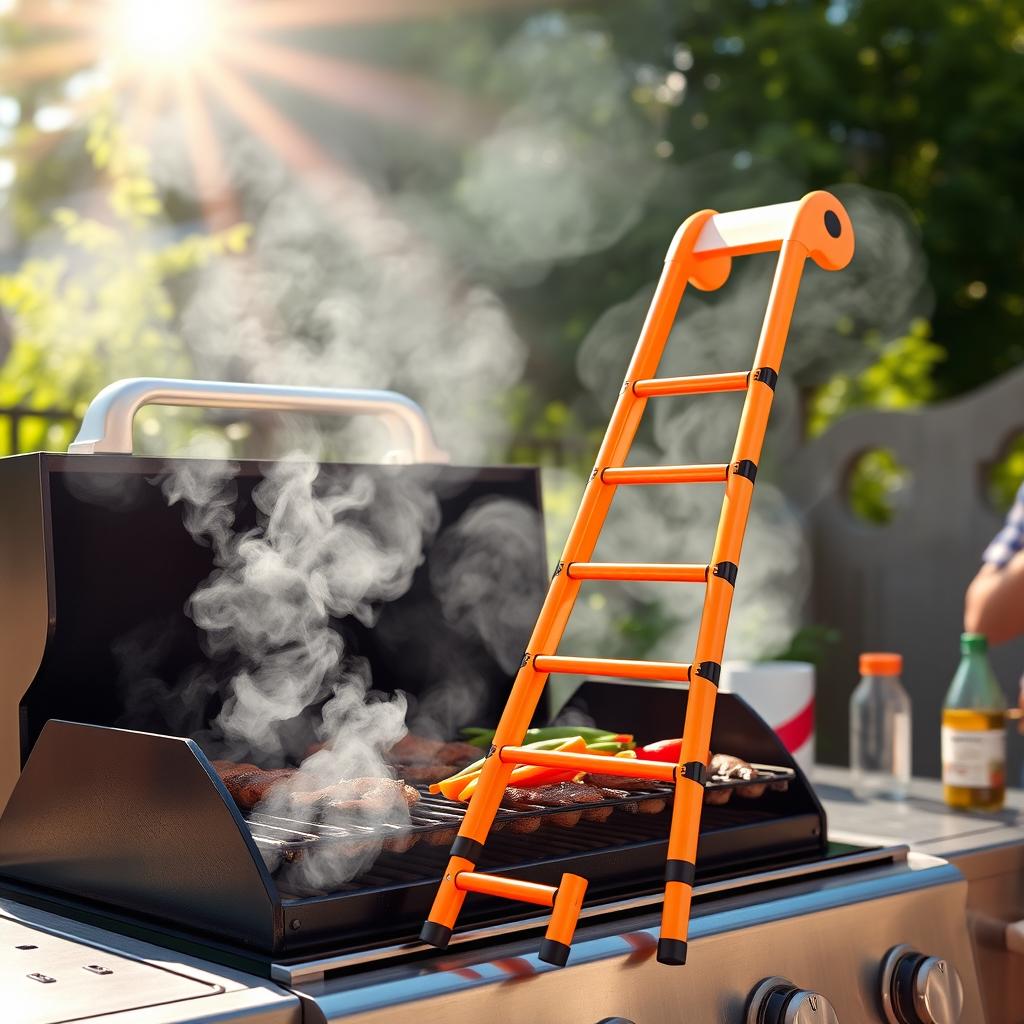 A detailed scene featuring a vibrant orange telescopic ladder positioned on a grill, surrounded by a lively outdoor setting