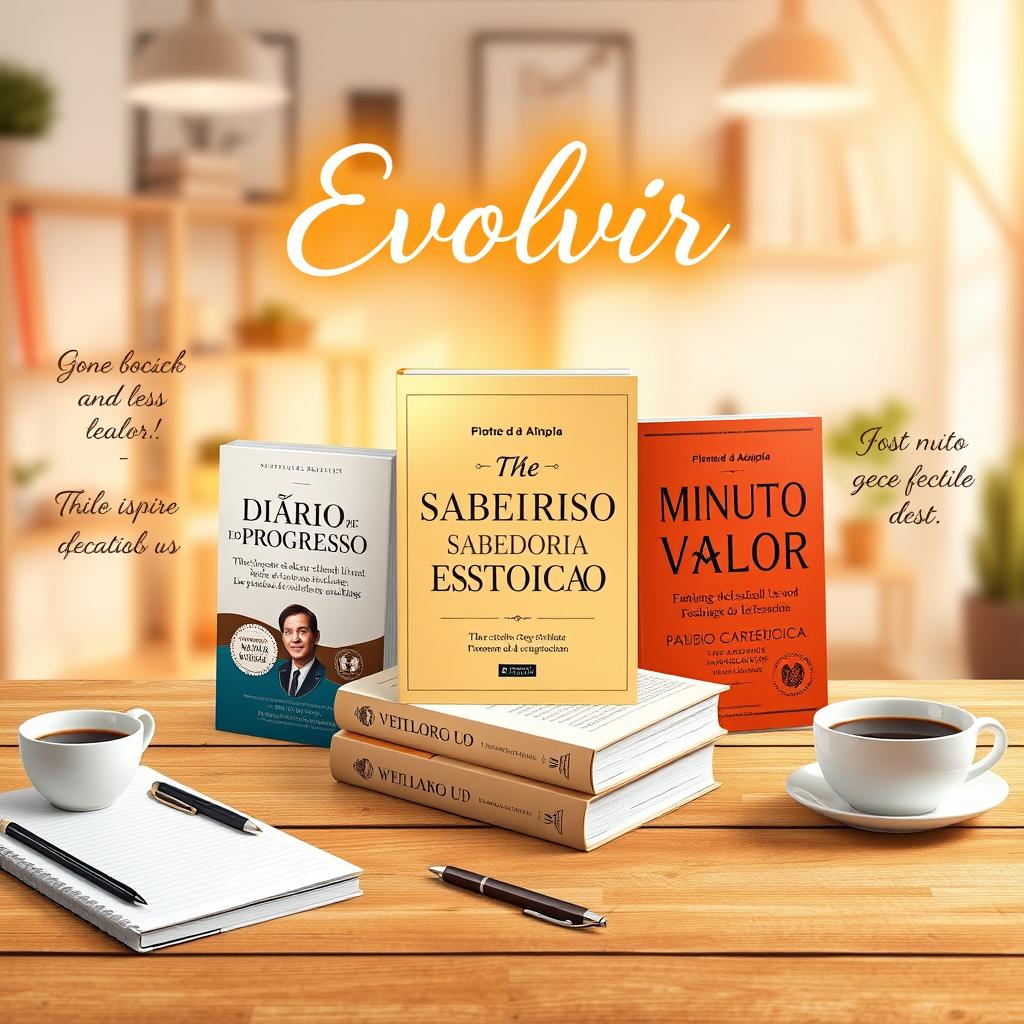 A visually captivating and motivational advertisement image representing a combo titled 'Evoluir' featuring three prominent books: 'Diário do Progresso', 'Sabedoria Estoica', and 'Minuto Valor'