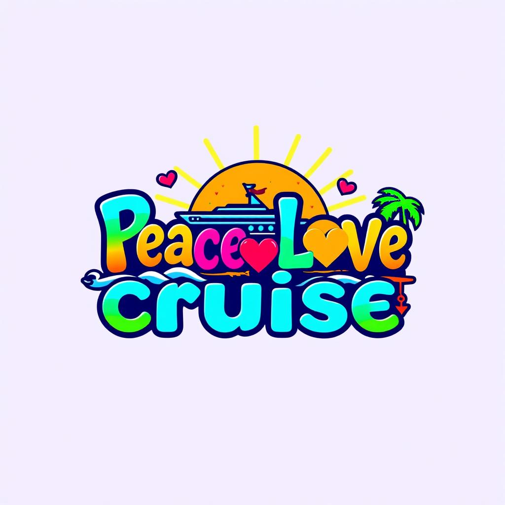 A vibrant and colorful logo design featuring the words 'Peace Love Cruise' in a playful and funky font