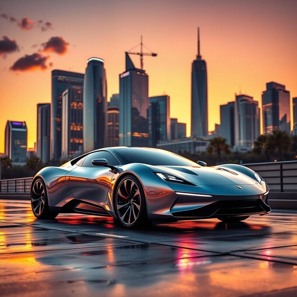 A sleek, futuristic car parked on a city street at dusk, the backdrop featuring a stunning skyline of modern skyscrapers with glowing lights