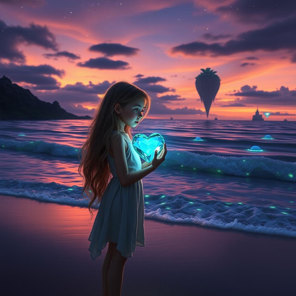 A breathtaking fantasy scene of a young girl standing on the shore at twilight, holding a glowing heart-shaped gemstone radiating mystical blue and green light