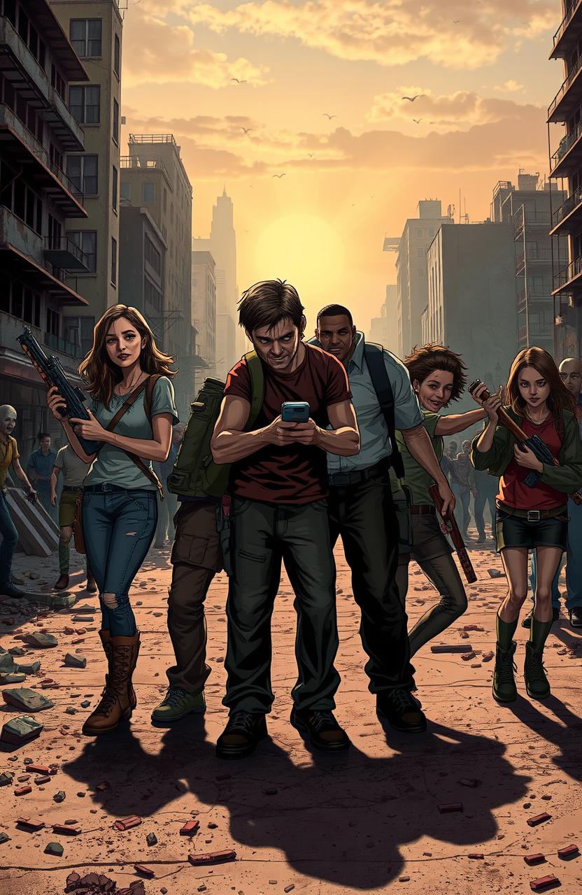 A tense scene in a zombie apocalypse, showcasing a diverse group of five survivors, including a determined woman with a crossbow, a rugged man holding a baseball bat, a tech-savvy young adult checking a handheld device, a muscular figure carrying a backpack, and a clever girl with a makeshift weapon