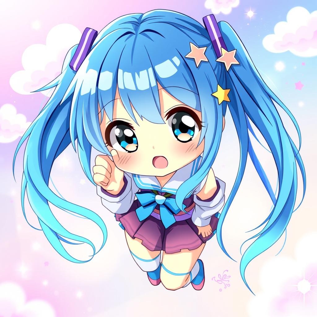 A vibrant digital art piece featuring a blue-haired anime girl with large expressive eyes, styled in a playful manner