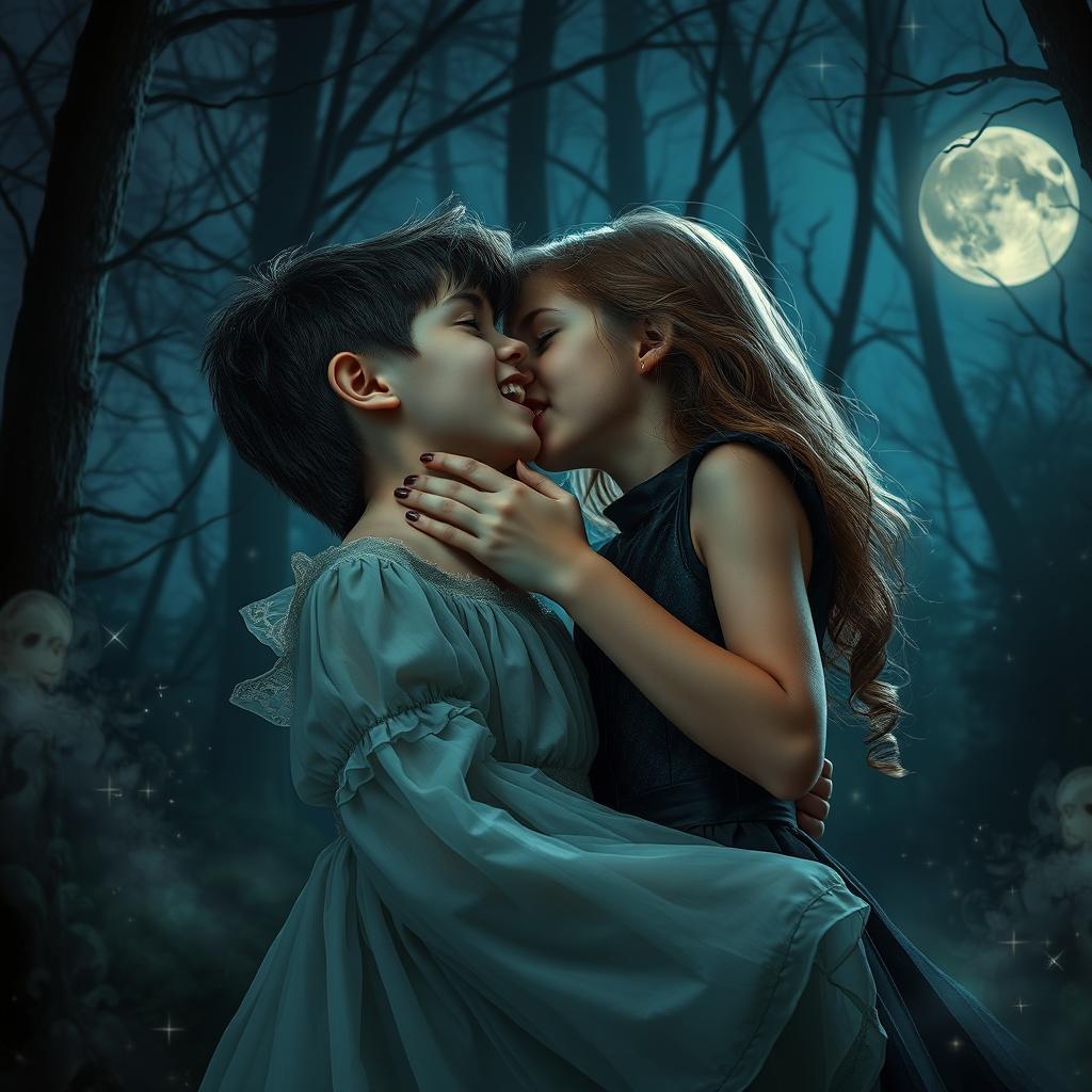 A dramatic and captivating scene of a young vampire boy with striking fangs, gently biting the neck of a beautiful girl in an enchanted forest