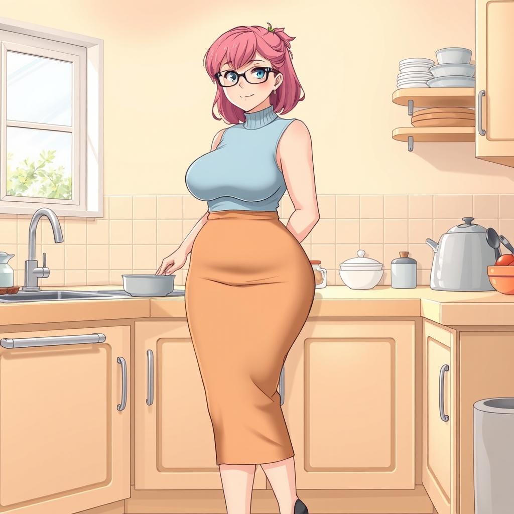A Gib style anime illustration featuring a voluptuous, curvy woman in her mid 30s