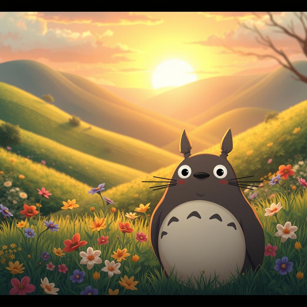 A whimsical and lighthearted scene inspired by Studio Ghibli, featuring a vibrant landscape filled with lush greenery, rolling hills, and whimsical creatures reminiscent of Ghibli films