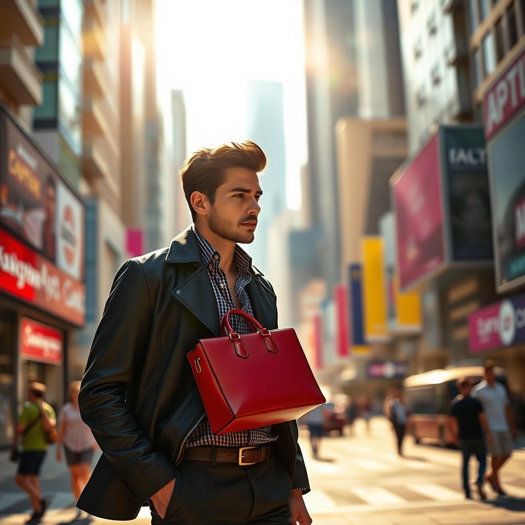 A scene with a male figure standing in a city setting, wearing a stylish outfit