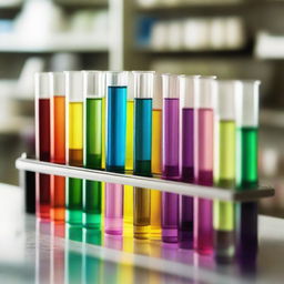 Several laboratory test tubes neatly arranged on a rack with varying colors of chemical solutions depicted under a well-lit environment.