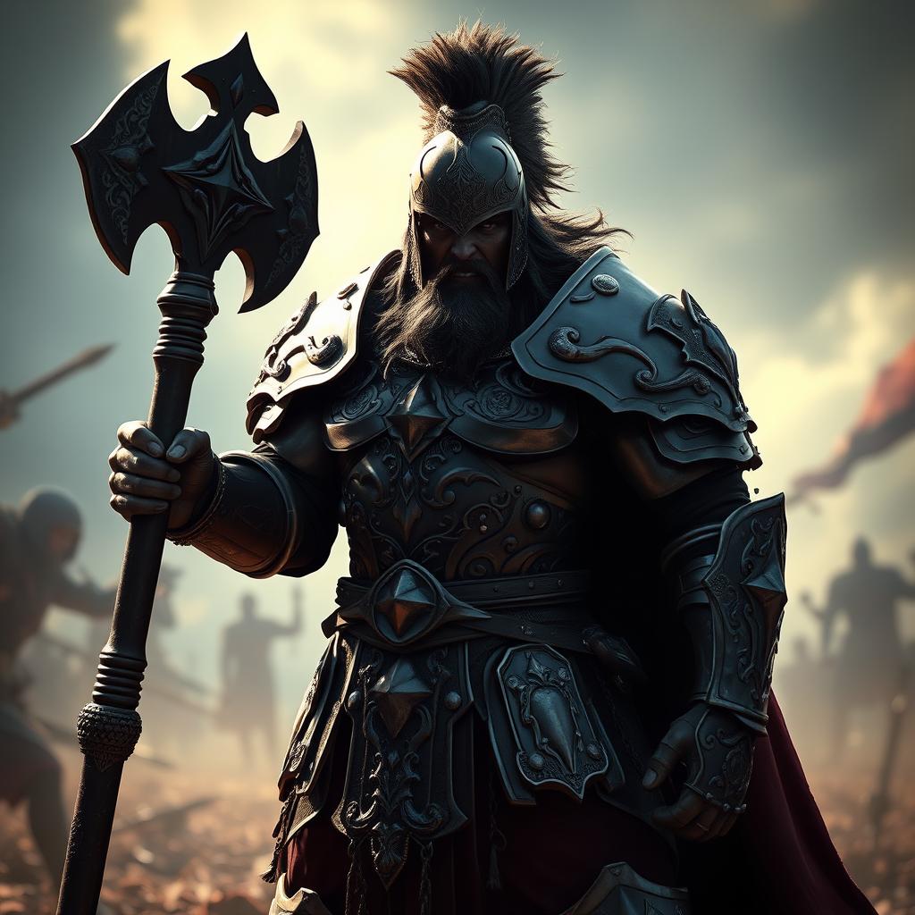 A powerful black Leonin warrior in full plate armor, showcasing intricate designs and embellishments on the armor