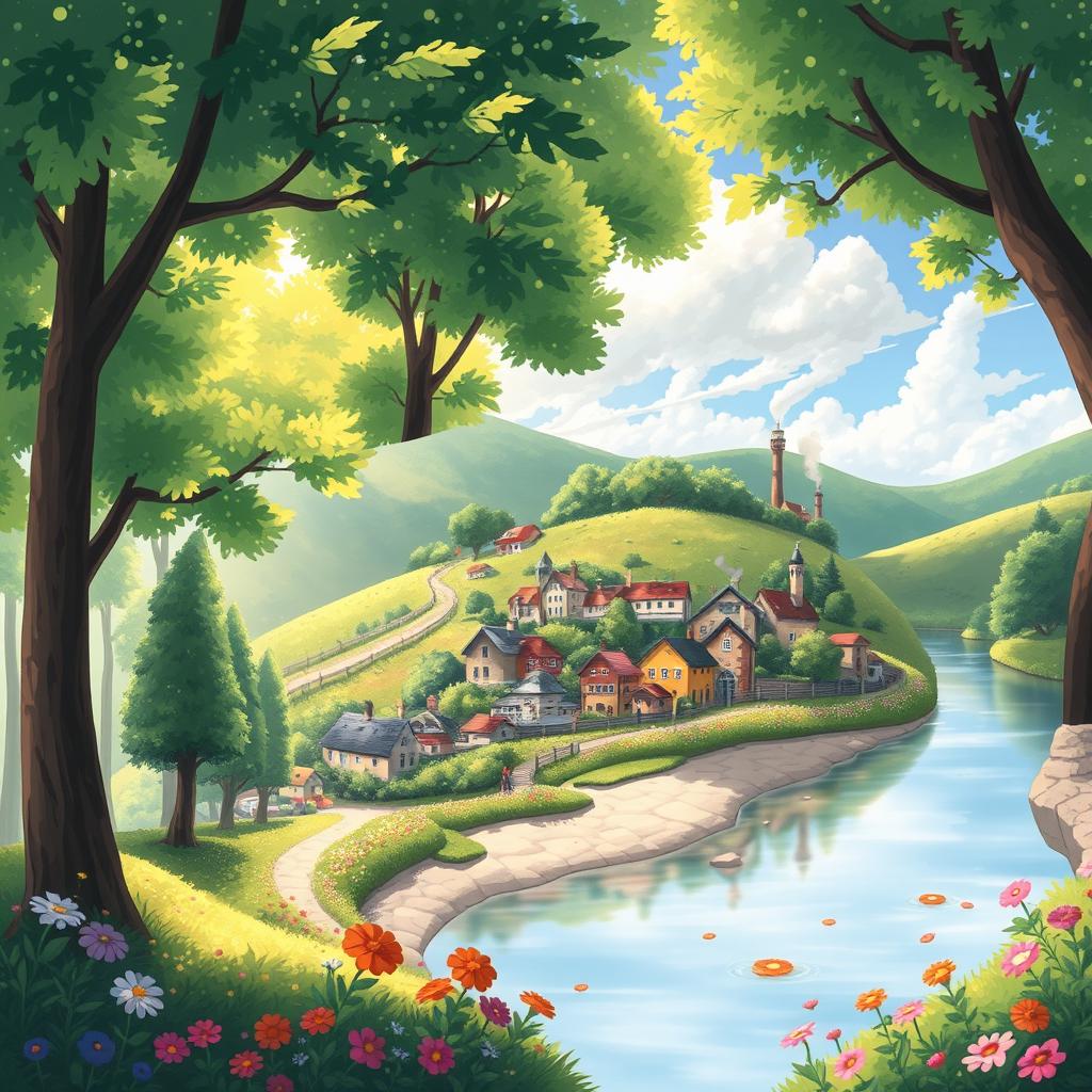 A beautifully crafted Ghibli-style illustration that seamlessly merges three distinct scenes