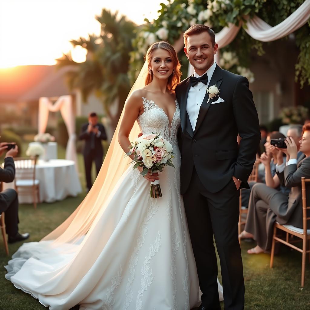 A beautiful and elegant wedding scene, featuring a stunning bride in a flowing white gown adorned with lace details, holding a bouquet of fresh flowers
