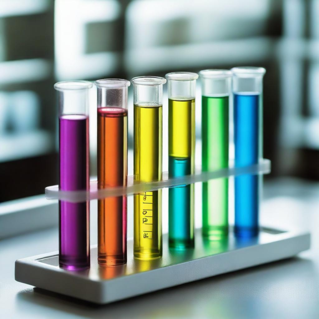 Several laboratory test tubes neatly arranged on a rack with varying colors of chemical solutions depicted under a well-lit environment.