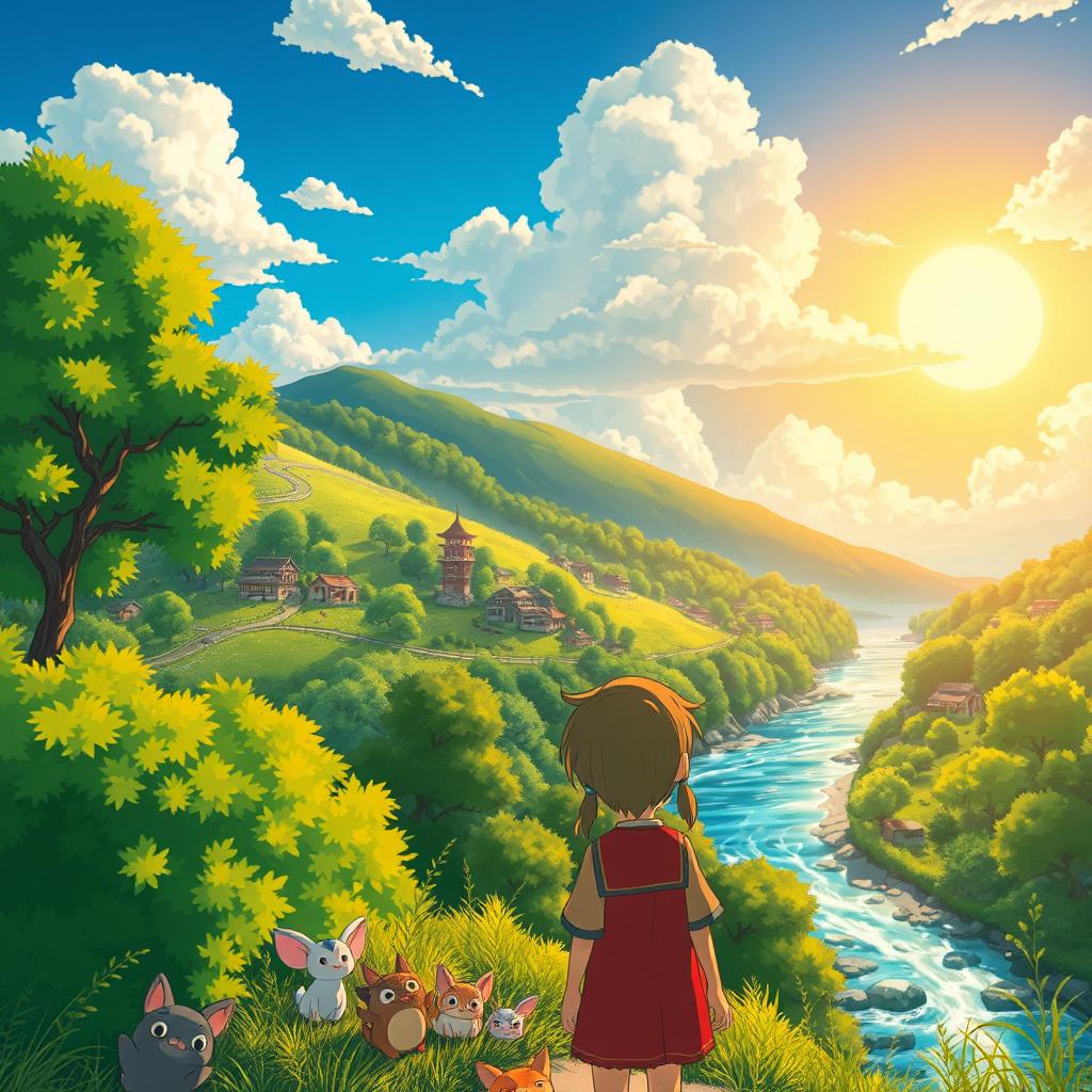 An anime-inspired scene featuring elements characteristic of Studio Ghibli films, with vibrant colors and whimsical landscapes