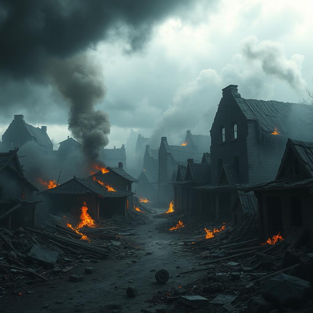 A desolated and destroyed village, filled with fire and smoke everywhere