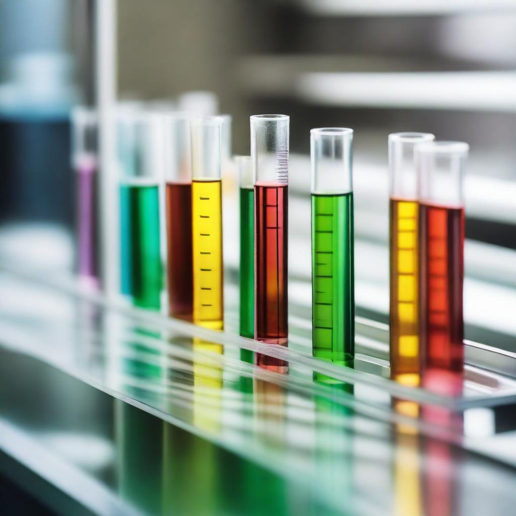 Several laboratory test tubes neatly arranged on a rack with varying colors of chemical solutions depicted under a well-lit environment.