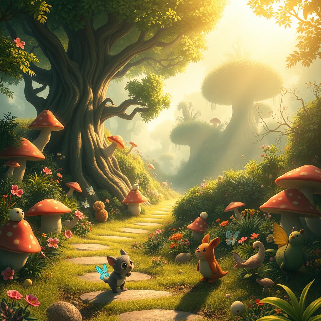 A whimsical, enchanted forest bustling with vibrant flora and intricate fauna, where ethereal creatures frolic playfully