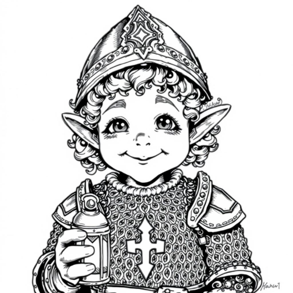 A detailed black and white ink illustration portrait of a halfling cleric, featuring intricate chainmail armor