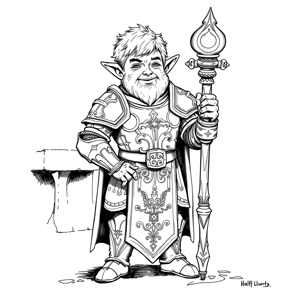 A black and white ink illustration portrait of a halfling cleric wearing ornate plate armor, standing confidently while holding a beautifully crafted staff