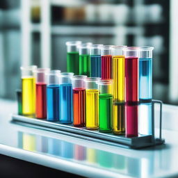 Several laboratory test tubes neatly arranged on a rack with varying colors of chemical solutions depicted under a well-lit environment.