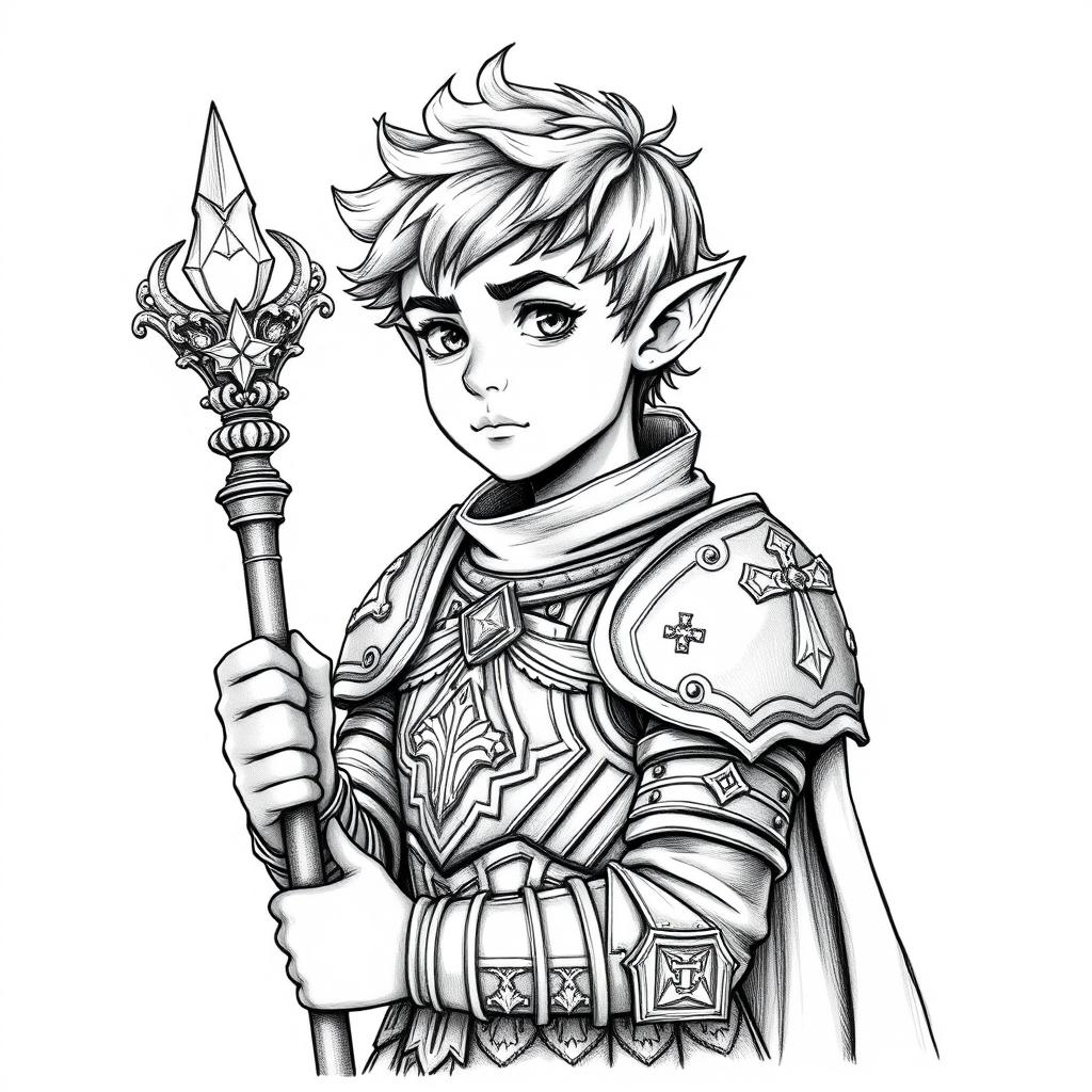 A detailed black and white ink illustration portrait of a young male halfling cleric