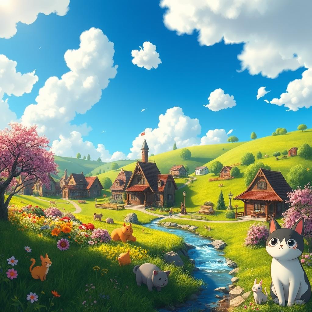 A picturesque landscape depicting a whimsical village set in a lush, rolling countryside, featuring charming, Ghibli-style architecture with rounded rooftops and colorful, flower-filled gardens