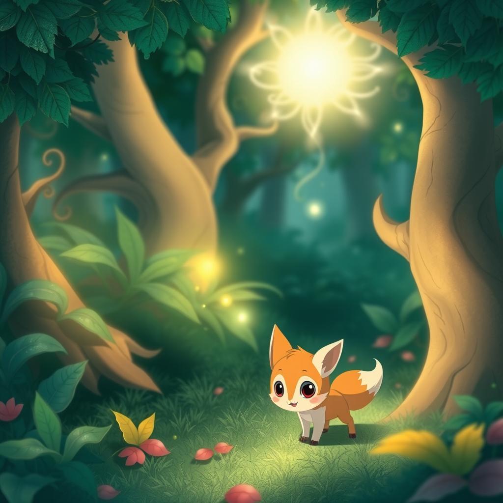 A whimsical forest full of vibrant and lush greenery, swirling leaves, and soft, glowing lights amidst the trees