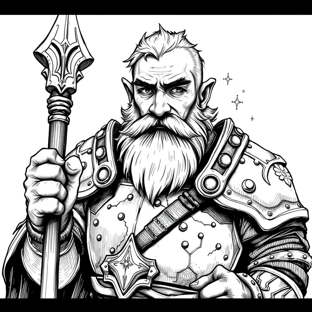A detailed and expressive black and white ink illustration of a middle-aged rugged male halfling cleric