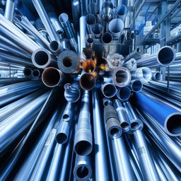 Close-up shot of different types of industrial tubing under testing, displaying a variety of diameters, materials, and uses under a brightly lit workshop.