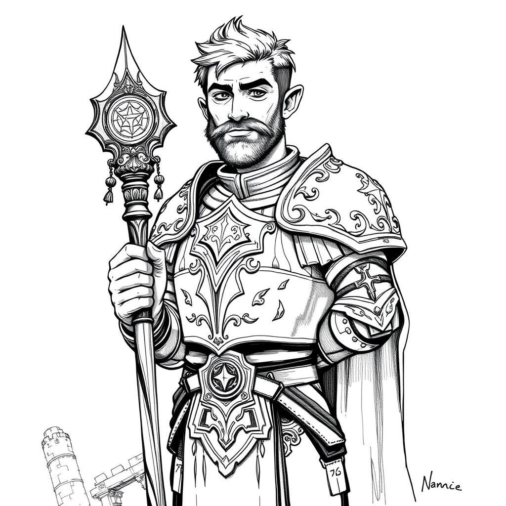 A black and white ink illustration of a clean-shaven male halfling cleric wearing ornate plate armor