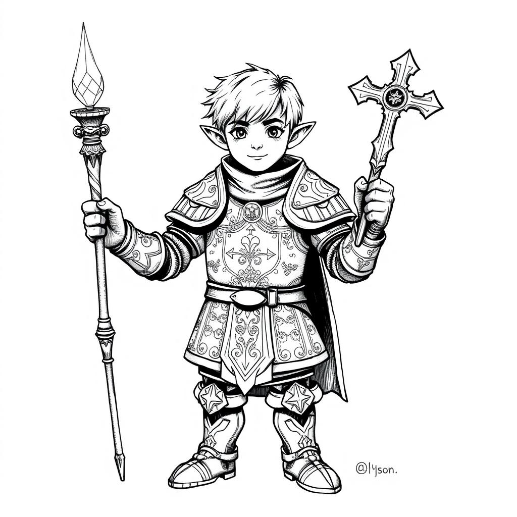 A black and white ink illustration portraying a young male halfling cleric