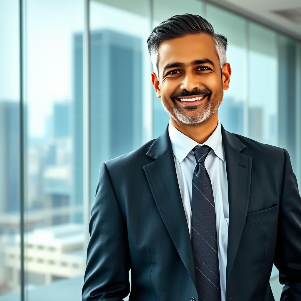 A professional corporate portrait of a middle-aged South Asian man in a smart suit, standing in a modern office environment