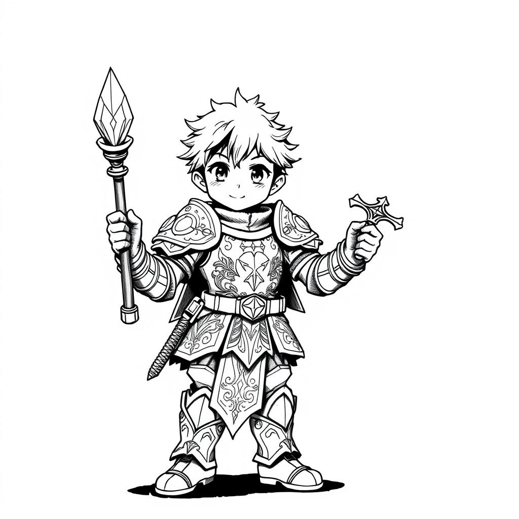 A black and white ink illustration presenting a young male halfling cleric in anime style