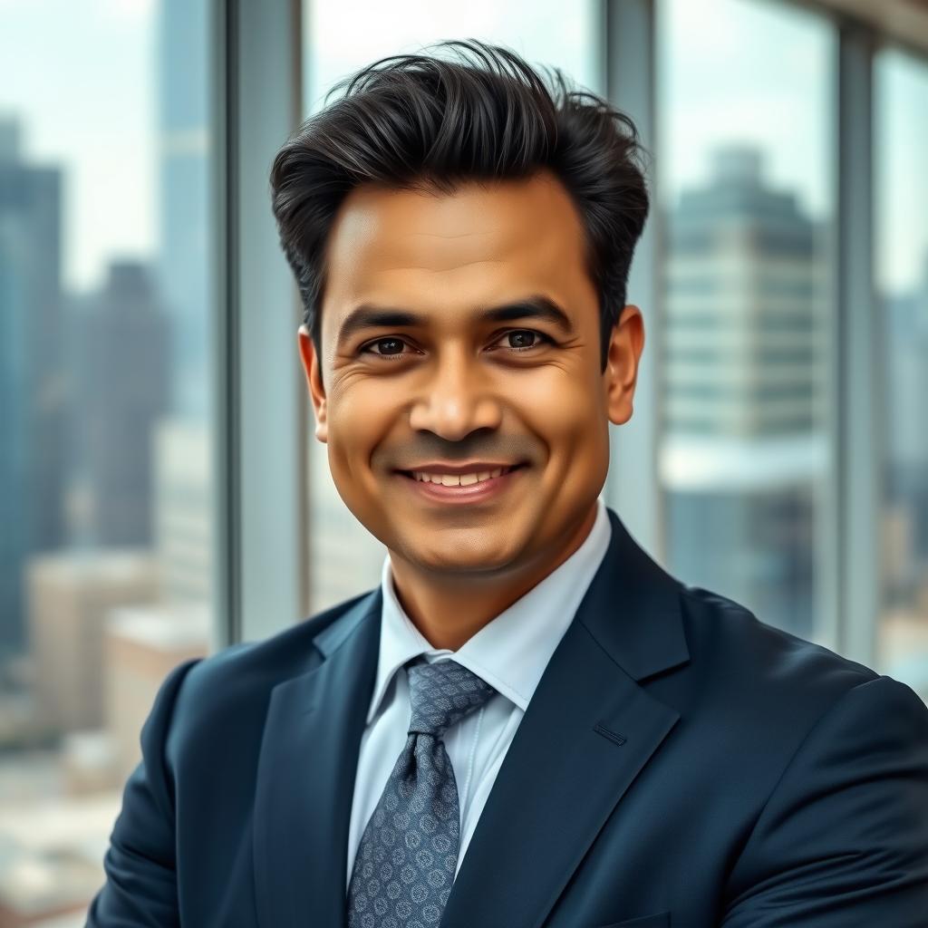 A professional corporate portrait of a middle-aged South Asian man in a tailored navy suit, standing confidently in a contemporary office space