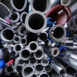 Close-up shot of different types of industrial tubing under testing, displaying a variety of diameters, materials, and uses under a brightly lit workshop.