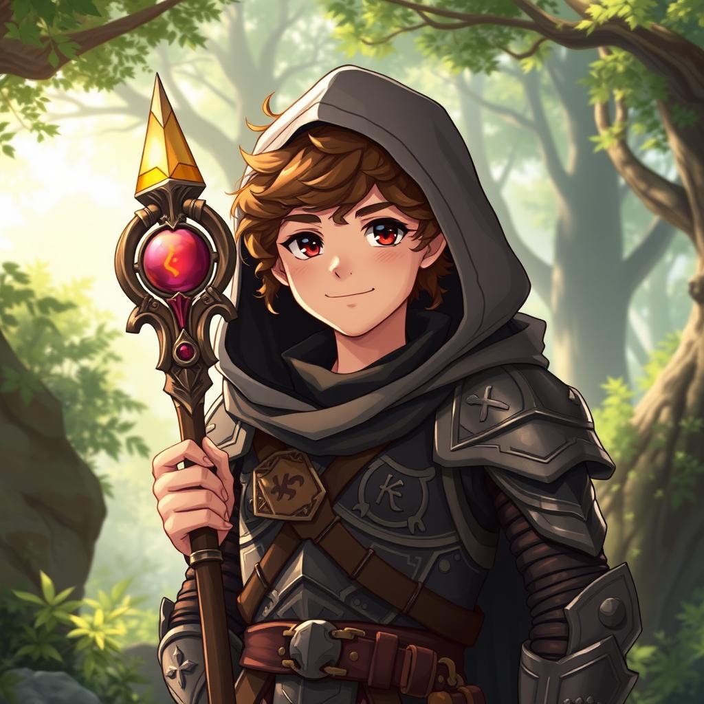 A young male hobbit cleric, depicted in an anime art style, wearing splint armor that is intricately detailed, showcasing both elegance and functionality