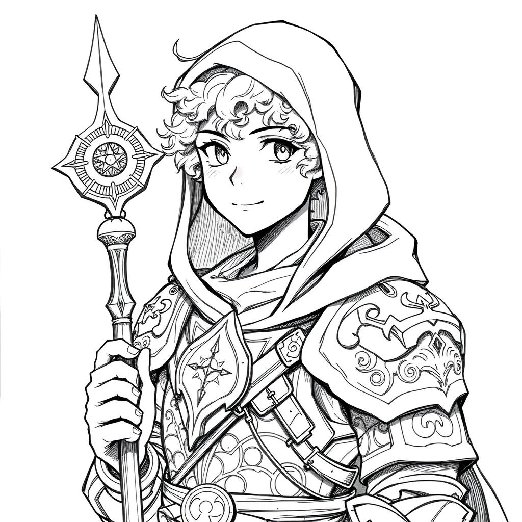 A black and white hand-drawn sketch portrait of a young male hobbit cleric, depicted in an anime style