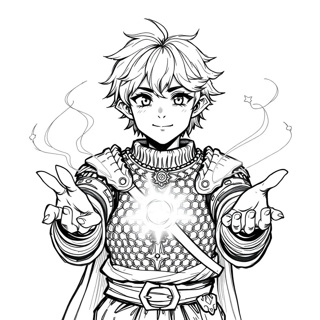 A black and white hand-drawn sketch portrait of a young male hobbit cleric, depicted in an anime style