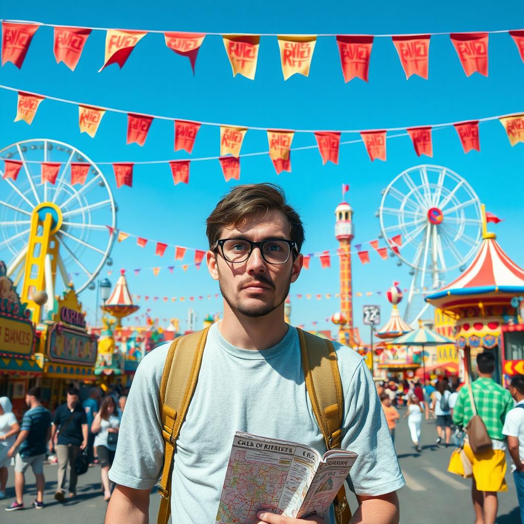 A person looking confused and slightly anxious while wandering through a large amusement park filled with colorful rides, vivid attractions, and excited crowds