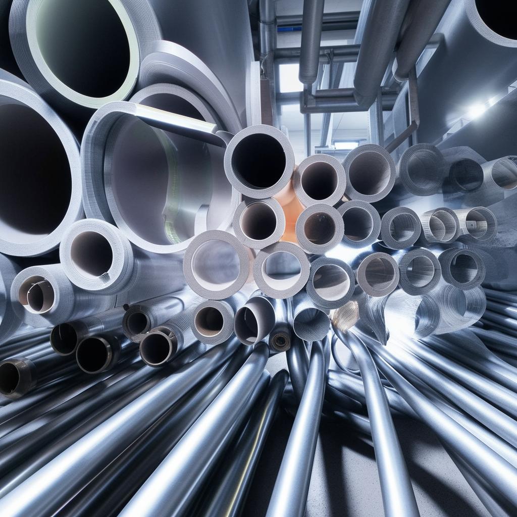 Close-up shot of different types of industrial tubing under testing, displaying a variety of diameters, materials, and uses under a brightly lit workshop.