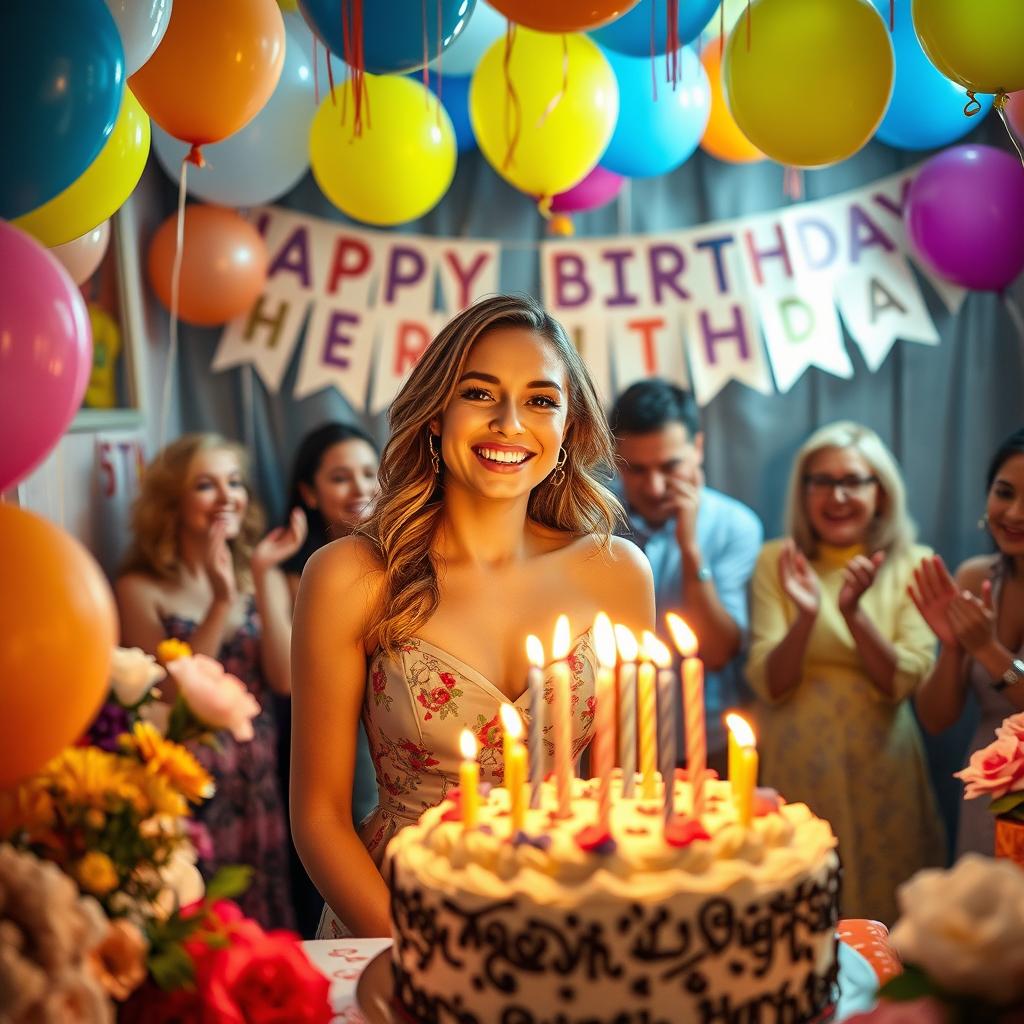 A beautiful birthday celebration scene featuring a lovely woman surrounded by vibrant decorations, colorful balloons, and a lavish birthday cake with lit candles