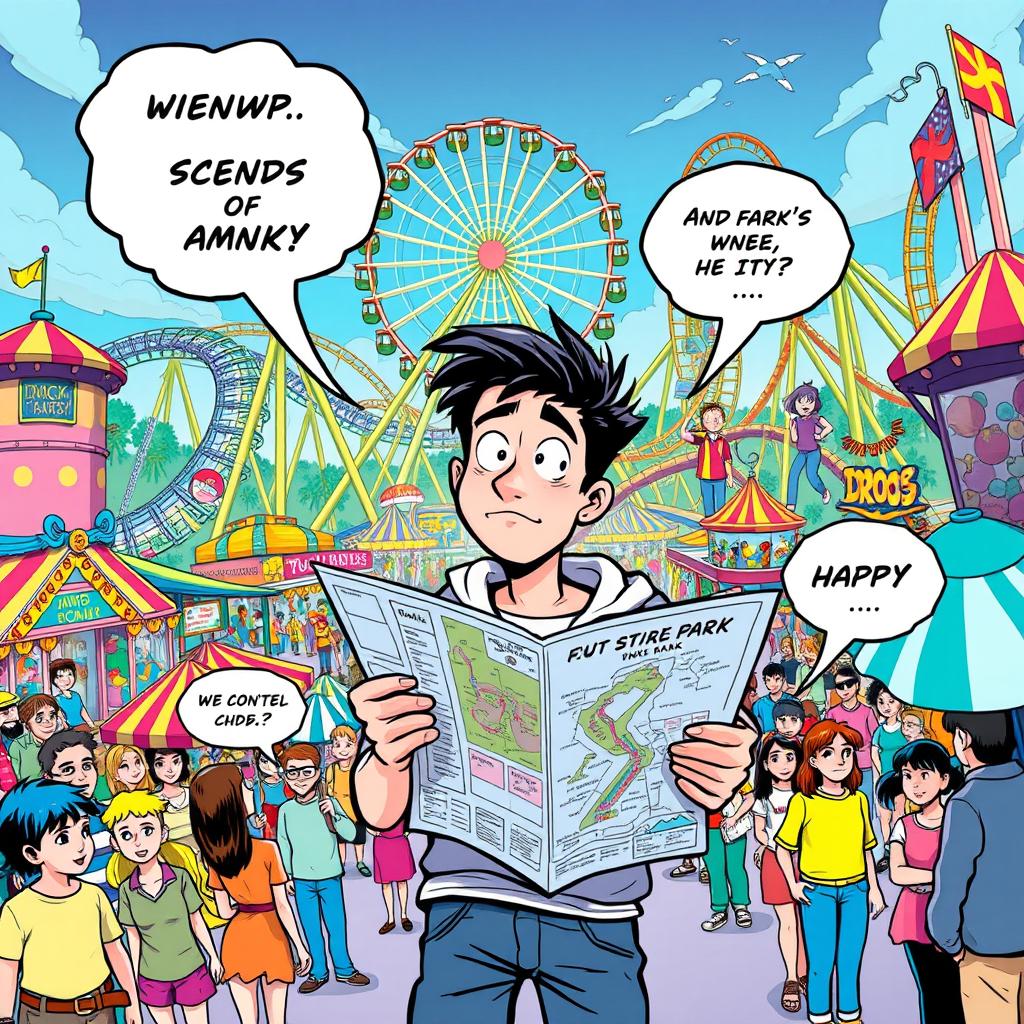 A vibrant comic scene featuring a character, a young adult with a quirky expression, lost in a large, sprawling amusement park filled with colorful rides, attractions, and excited visitors