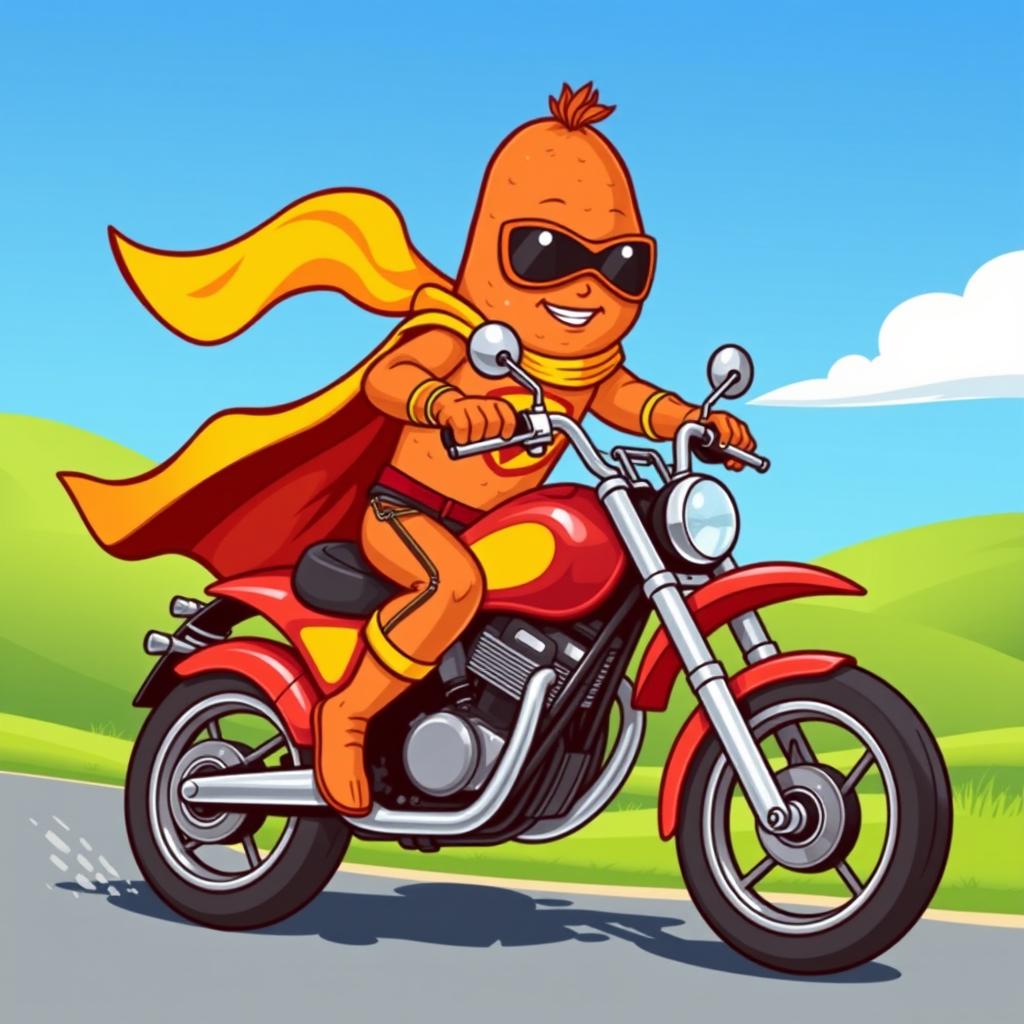 A whimsical superhero design featuring a character with a sweet potato body, wearing a vibrant superhero suit complete with a flowing cape