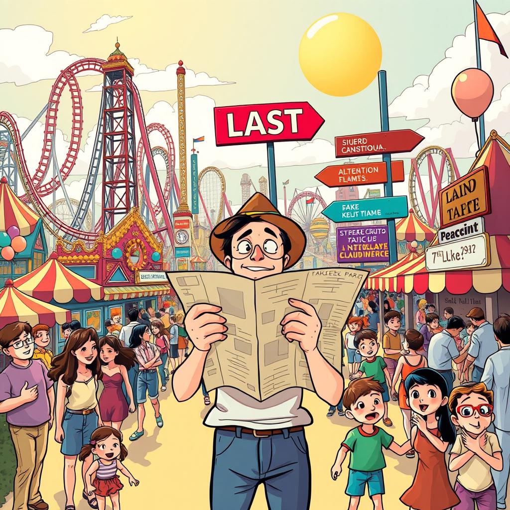 A comedic scene of a person getting lost in a vast and bustling amusement park