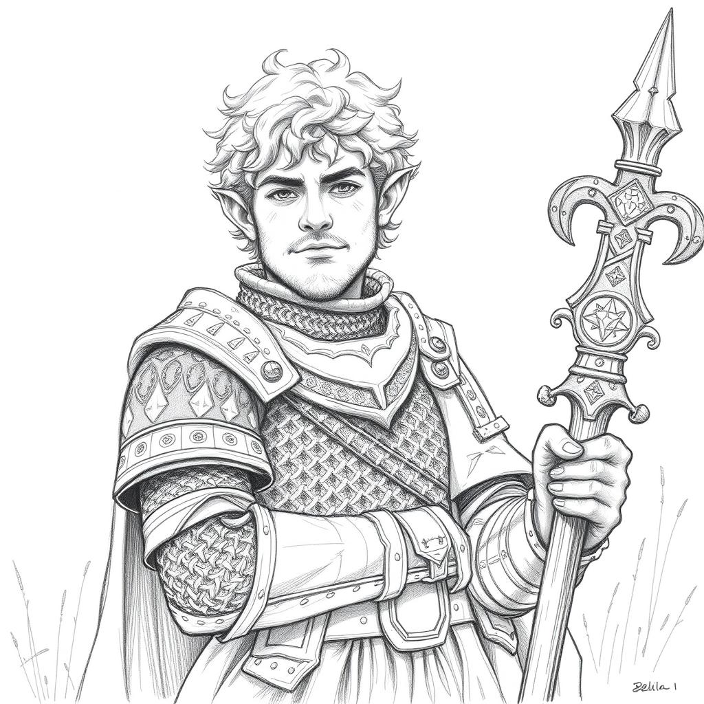 A highly detailed pencil sketch of a male adult halfling cleric