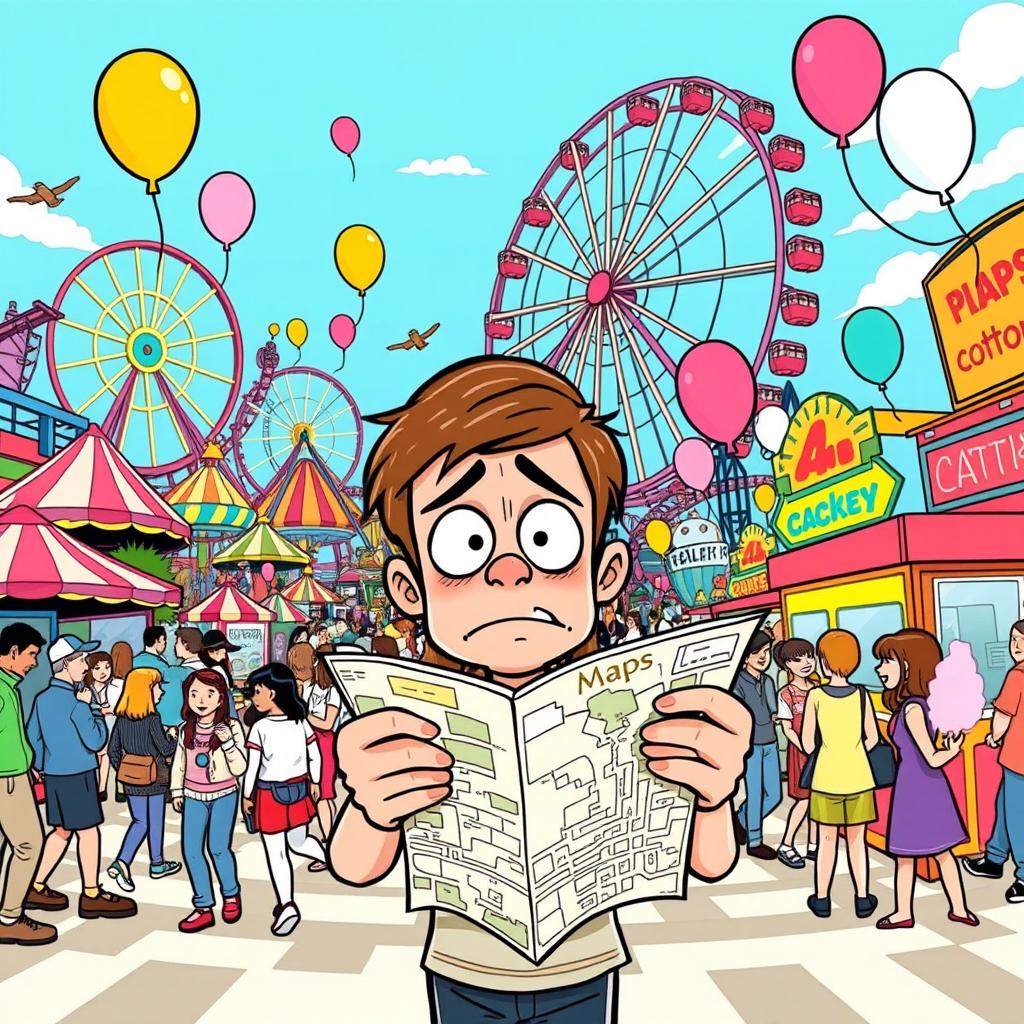 A whimsical comic scene depicting a person looking bewildered and lost in a large, vibrant amusement park filled with colorful rides and attractions