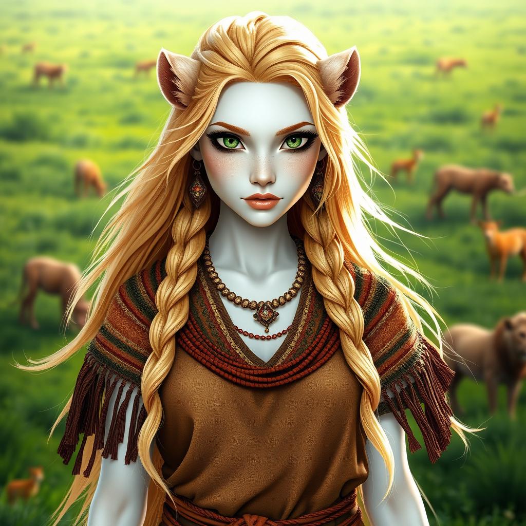 A human version of the character Nala from The Lion King with white skin and vibrant green eyes
