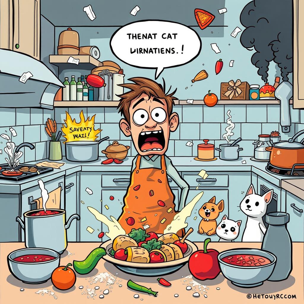 A humorous comic scene depicting a person in a kitchen attempting to cook a fancy meal